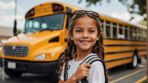 American School Girl Child with a Backpack, looks at the camera and goes to School. Girl in front of a bus