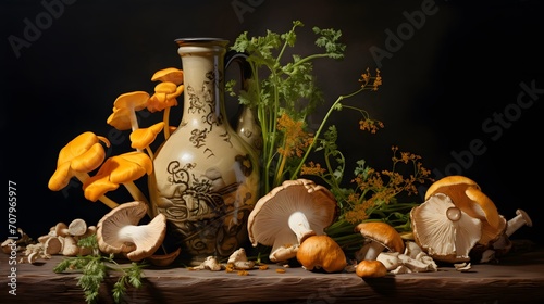Still life with chanterelle mushrooms  and herbs 