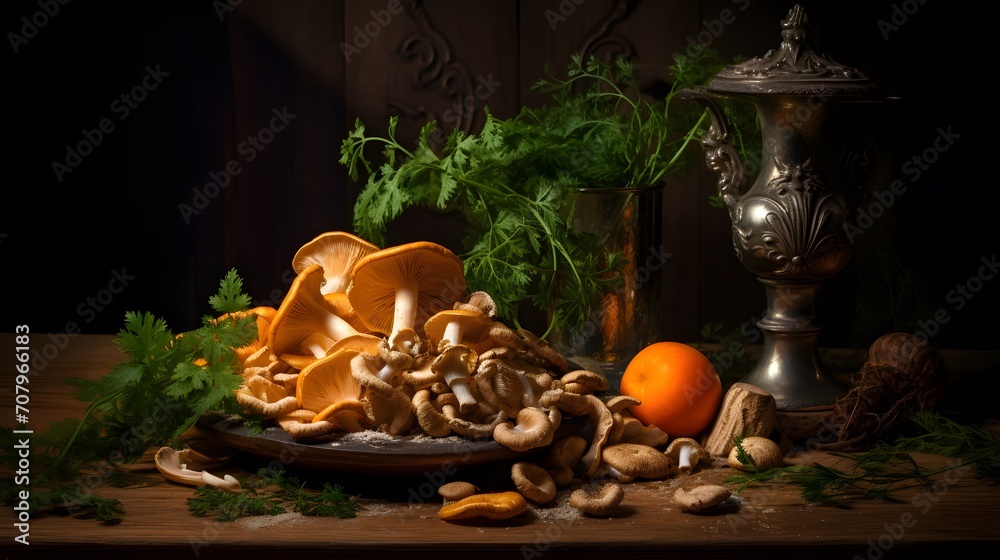 Still life with chanterelle mushrooms and herbs
