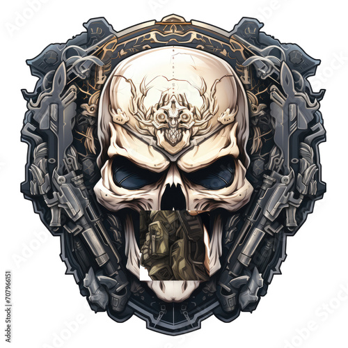 Skull t shirt sticker logo, military skull, weapons, dark art, Hight detailed photo