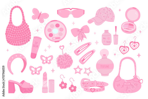 barbiecore set of items, pink glamorous accessories, cosmetics, 90s, 2000s teen girl style, nostalgia, butterfly, heart shape, trendy vector illustration