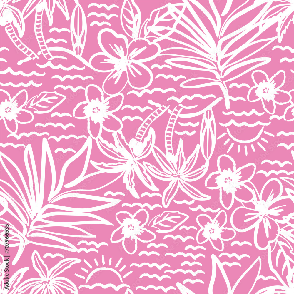 Fototapeta premium Summer hibiscus palm trees and leaf seamless vector print for swimwear fashion stationary girls ladies and teens. Bright fun cute colours. Pink and pretty cute colours. Tropical and Hawaii style.