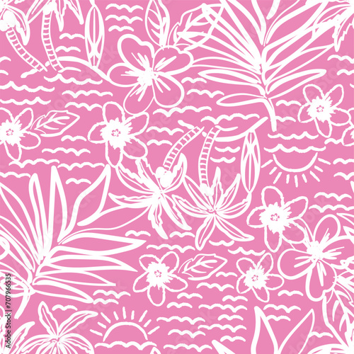 Summer hibiscus palm trees and leaf seamless vector print for swimwear fashion stationary girls ladies and teens. Bright fun cute colours. Pink and pretty cute colours. Tropical and Hawaii style.