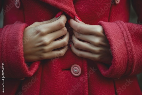 Close up shot of a person wearing a vibrant red coat. Versatile image suitable for various themes and concepts