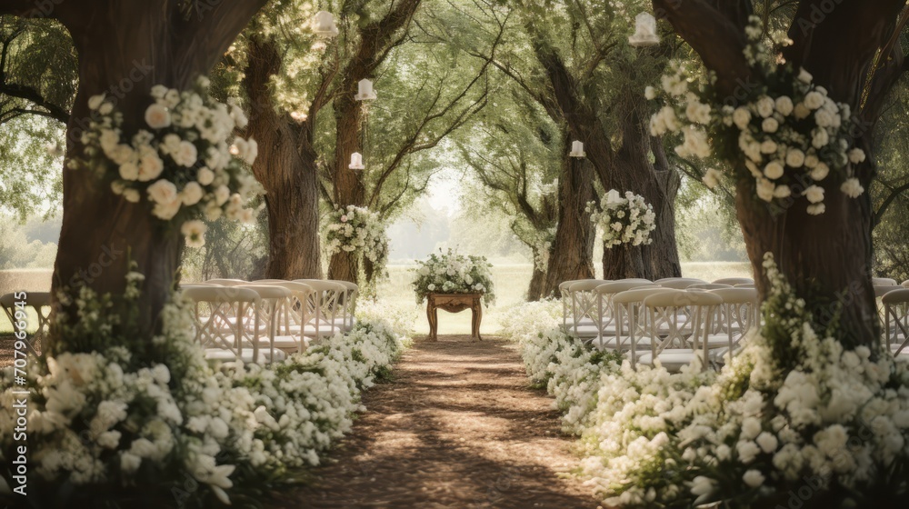 Wedding ceremony outdoor. A beautiful and stylish wedding arch, decorated by various fresh white flowers abd trees, standing in the garden. wedding party. Generative AI