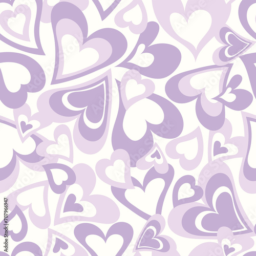 Groovy Valentines day hearts seamless pattern. Psychedelic distorted vector print 1960's 1970's 1980's hippie. Retro ladies teens and kids fashion nightwear swimwear. Pastel colours lilac white purple