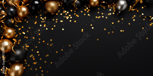 gold black balloon confetti background for graduation birthday happy new year opening sale concept, usable for banner poster brochure ad invitation flyer template photo