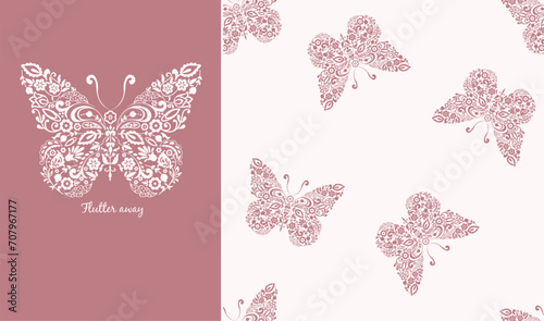 Butterfly vector artwork graphic with slogan and seamless pattern for girls, ladies, woman, teens, fashion. Pretty cute  girly pattern in pink, cream and blush