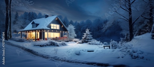 House on winter night with illuminated windows and snowy surroundings.