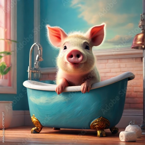 Whimsical Bath Time: Cartoon Pig Enjoying a Blue Tub with Gold Accents