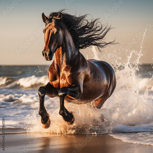 A brown horse standing on top of a sandy beach under a cloudy blue and orange sky with a sunset