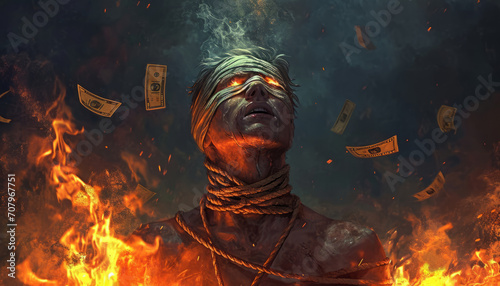 Man magician tied with ropes burns with money.