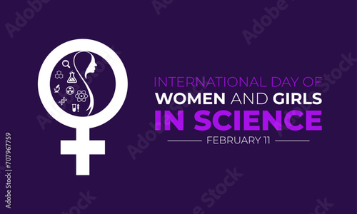 International Day of Women and Girls in Science . February 11. Science icon set. Young woman face . Important day. Template for background with banner, poster, and card. Vector illustration.
