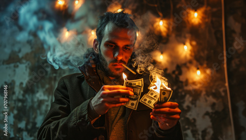 A brutal man lights a cigarette from burning money.