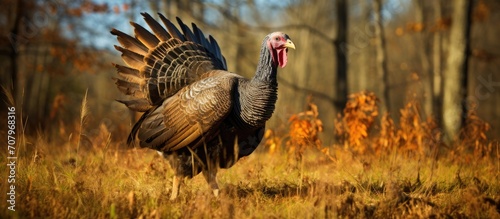Wild turkey strutting in field. photo