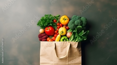 Zero waste and eco friendly shopping with vegetables and fruits in natural textile and paper bags top view. Plastic free and reuse concept. photo