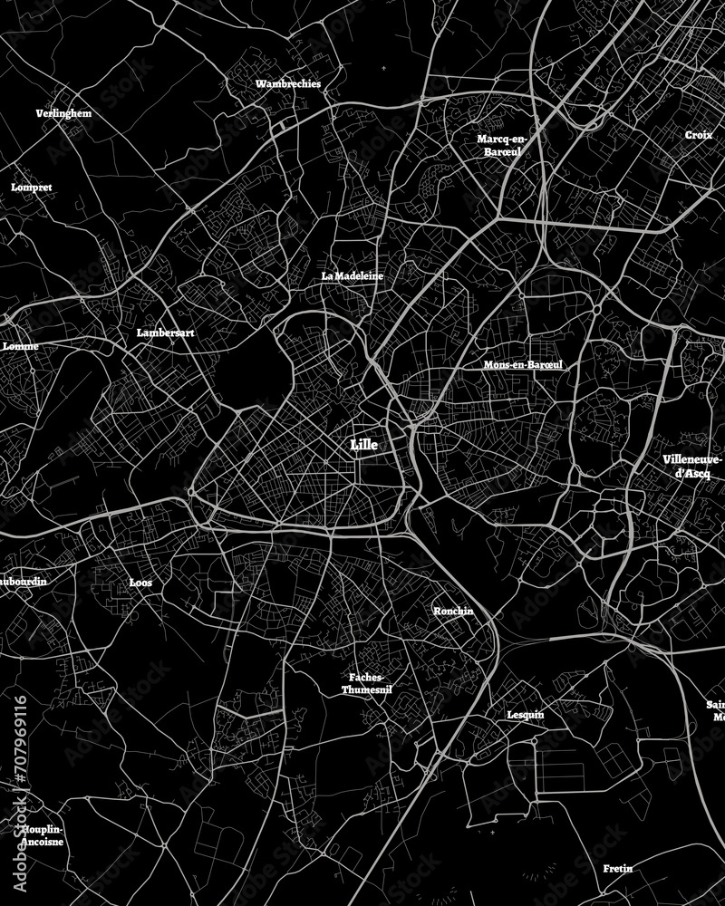 Lille France Map, Detailed Dark Map of Lille France