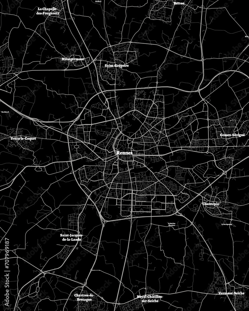 Rennes France Map, Detailed Dark Map of Rennes France