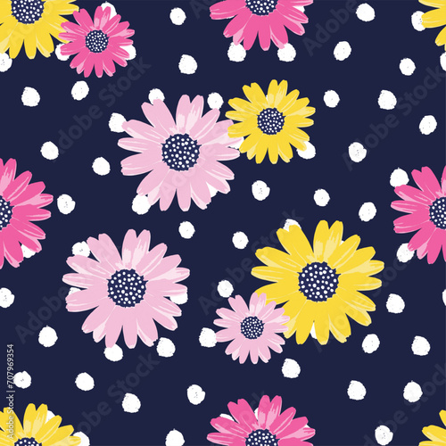 Hand drawn daisy seamless pattern with spots. Navy background. cute girly vector print for girls teens and ladies fashion swimwear stationary and nightwear. flower power, hippie illustration