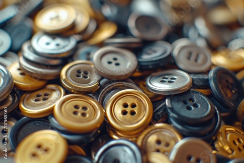 A pile of buttons sitting on top of a table. Suitable for fashion design projects or crafts