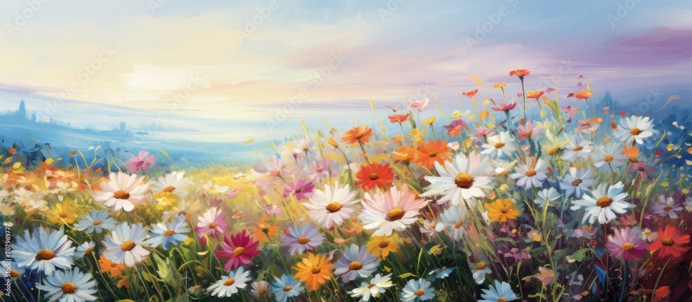 The blooming flowers in different colors are beautiful, surrounded by green nature, under a sunny sky.