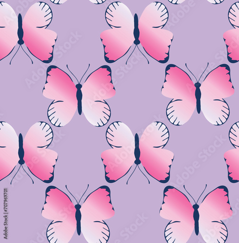 seamless butterfly pattern. vector repeat print with gradient in pink and lilac. pretty cute pattern for summer spring girls teens woman's fashion nightwear stationary swimwear illustration