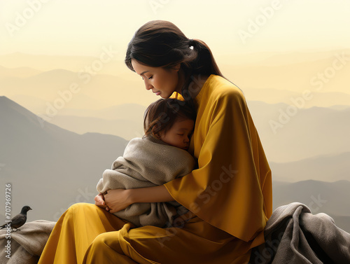 Mujer con rasgos orientales cuidando con ternura a su hijo recién nacido en un entorno acogedor con fondo de naturaleza y montañas al atardecer
 photo