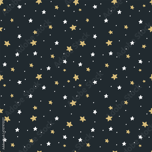 Seamless vector pattern. Nice white and yellow stars on dark background, night sky . Vector illustration