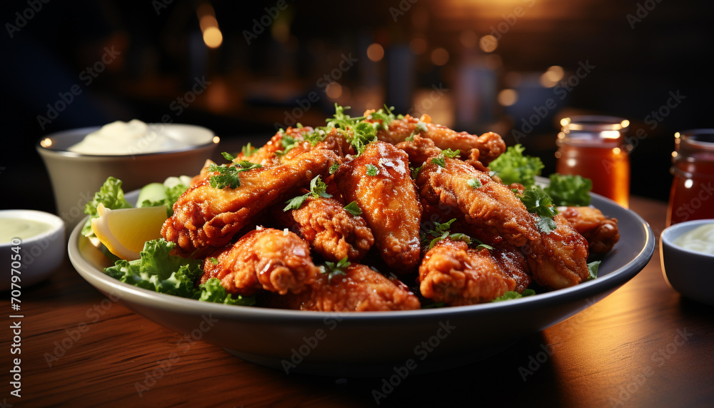 A plate of grilled buffalo chicken wings with spicy dip generated by AI