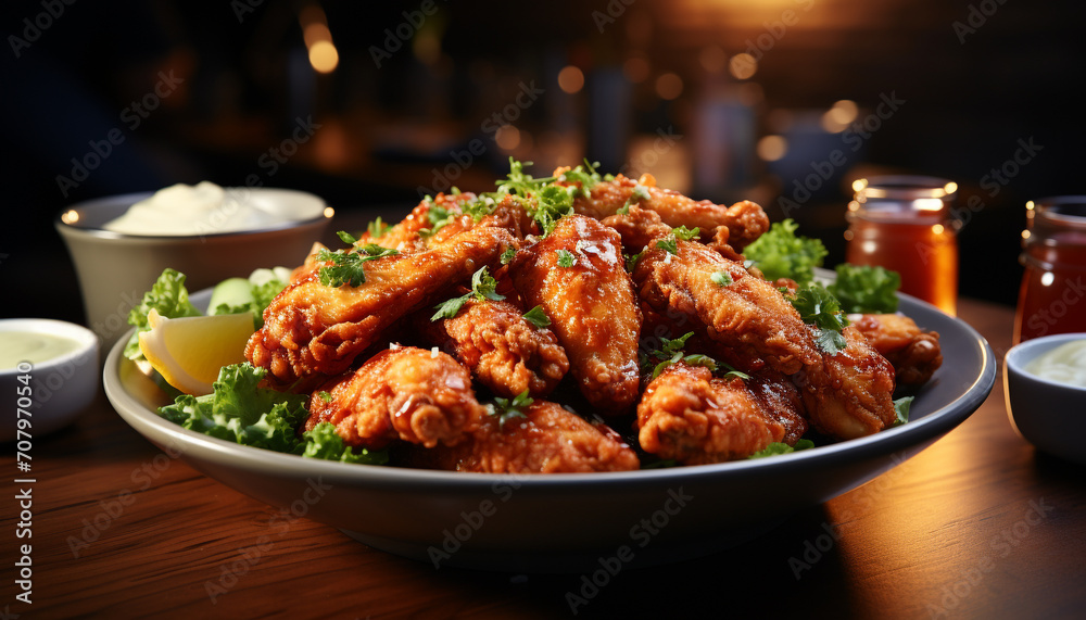 A plate of grilled buffalo chicken wings with spicy dip generated by AI A plate of grilled buffalo chicken wings with spicy dip generated by AI