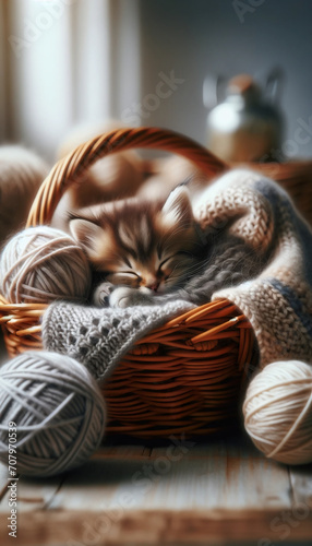 Gemütliches Kätzchen schläft in Strickkorb mit Wolle photo