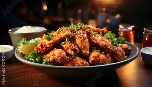 A plate of grilled buffalo chicken wings with spicy dip generated by AI