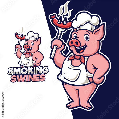 Piggy Chef Mascot Logo Design. Funny smile and playful cartoon mascot . restaurant bussines
