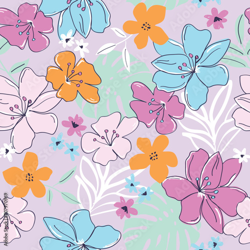Summer hibiscus and leaf seamless vector print  and pattern for swimwear fashion stationary girls teens ladies. bright fun girly colours. lilac, purple and orange. pretty colours.