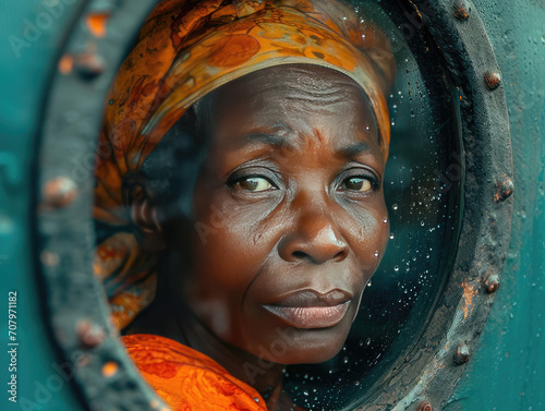 Retrato muy expresivo de mujer africana llorando en la ventana de un tren al despedirse de su familia