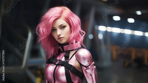 incredibly beautiful woman, pink hair, wearing a shiny bodysuit, Modern warfare technology aesthetic