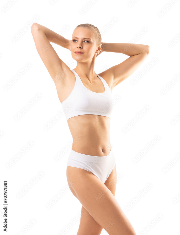 Perfect body of young and beautiful woman in swimsuit isolated on white. Weight loss, diet, sport and fitness concepts. Perfect body of young and beautiful woman in swimsuit isolated on white. Weight loss, diet, sport and fitness concepts.