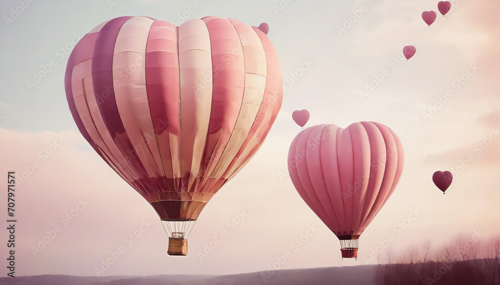 Fototapeta premium Heart-shaped Pink hot air balloons in a pastel sky; valentine wallpaper concept