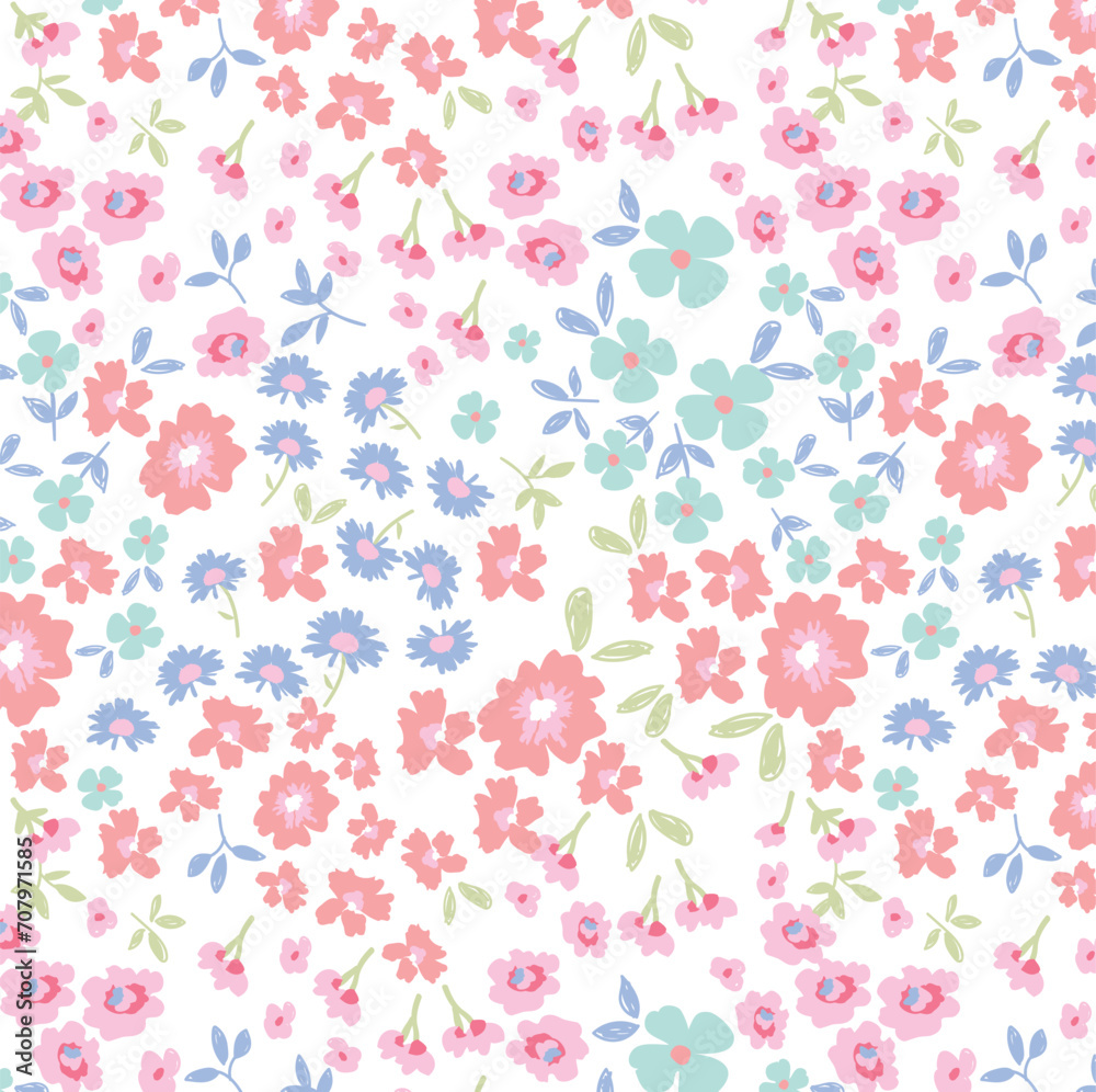 Ditsy floral seamless pattern. Cute small flower and leaves print in repeat. Vector illustration. pretty colours. girly. Hand drawn for girls and teens fashion clothing swim and nightwear. spring
