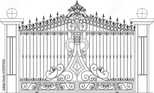 Vector sketch illustration of European vintage classical ornamental iron fence design