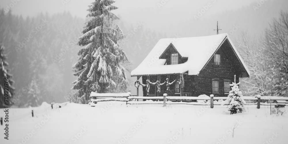 A black and white photo capturing a house covered in snow. Perfect for winter-themed designs and holiday projects