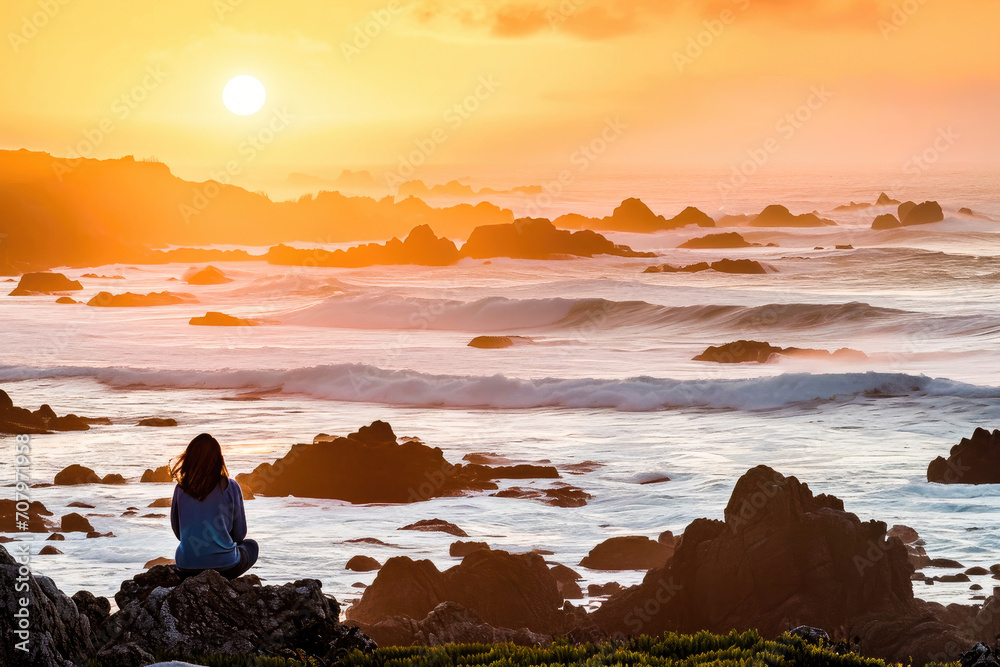 A woman sitting on a rock, peacefully meditating by the ocean as the sun sets with waves crashing along the coast.