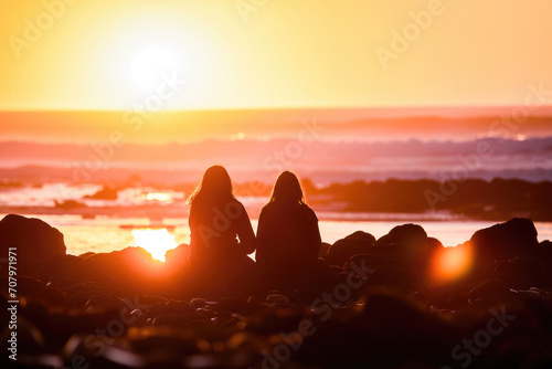 Two silhouetted people sitting on a rocky beach enjoying a peaceful and scenic ocean sunset.