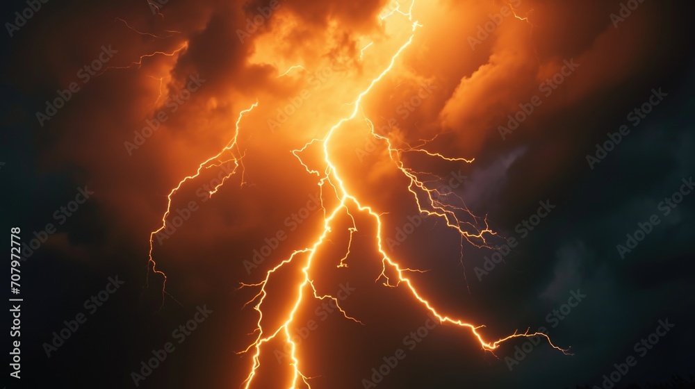 A striking image of a bright orange lightning bolt cutting through a dark sky. Perfect for adding drama and energy to any project - obrazy, fototapety, plakaty 