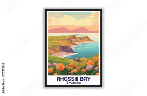 Rhossili Bay, Swansea. Vintage Travel Posters. Vector art. Famous Tourist Destinations Posters Art Prints Wall Art and Print Set Abstract Travel for Hikers Campers Living Room Decor