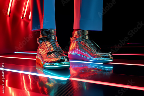 Close legs wearing pair of futuristic fashion sporty unisex made of glowing metallic material standing on a glance surface in neon light. Futuristic, virtual fashion concept.