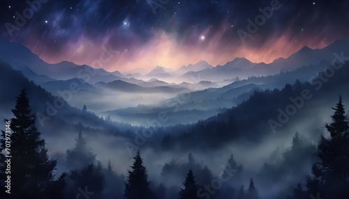 Beautiful View of Misty Aurora Night Mountain Forest Landscape 4k Horizontal Wallpaper Illustration
