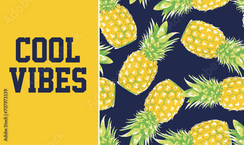 Cool pineapple slogan and seamless pattern for boys t shirt shorts and swimwear. Summer graphic . Yellow and navy back ground. cool vibes typography varsity vector slogan for boys and teens.