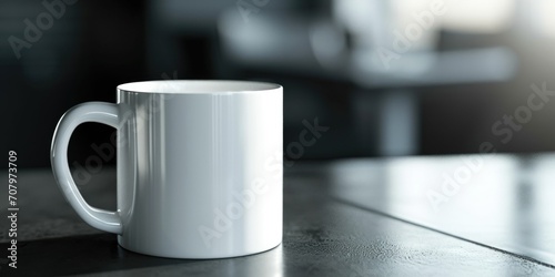 A white coffee mug sitting on top of a wooden table. Suitable for cafe, restaurant, or kitchen-related designs