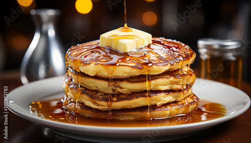 Stack of homemade pancakes with syrup and fresh fruit toppings generated by AI © Jeronimo Ramos